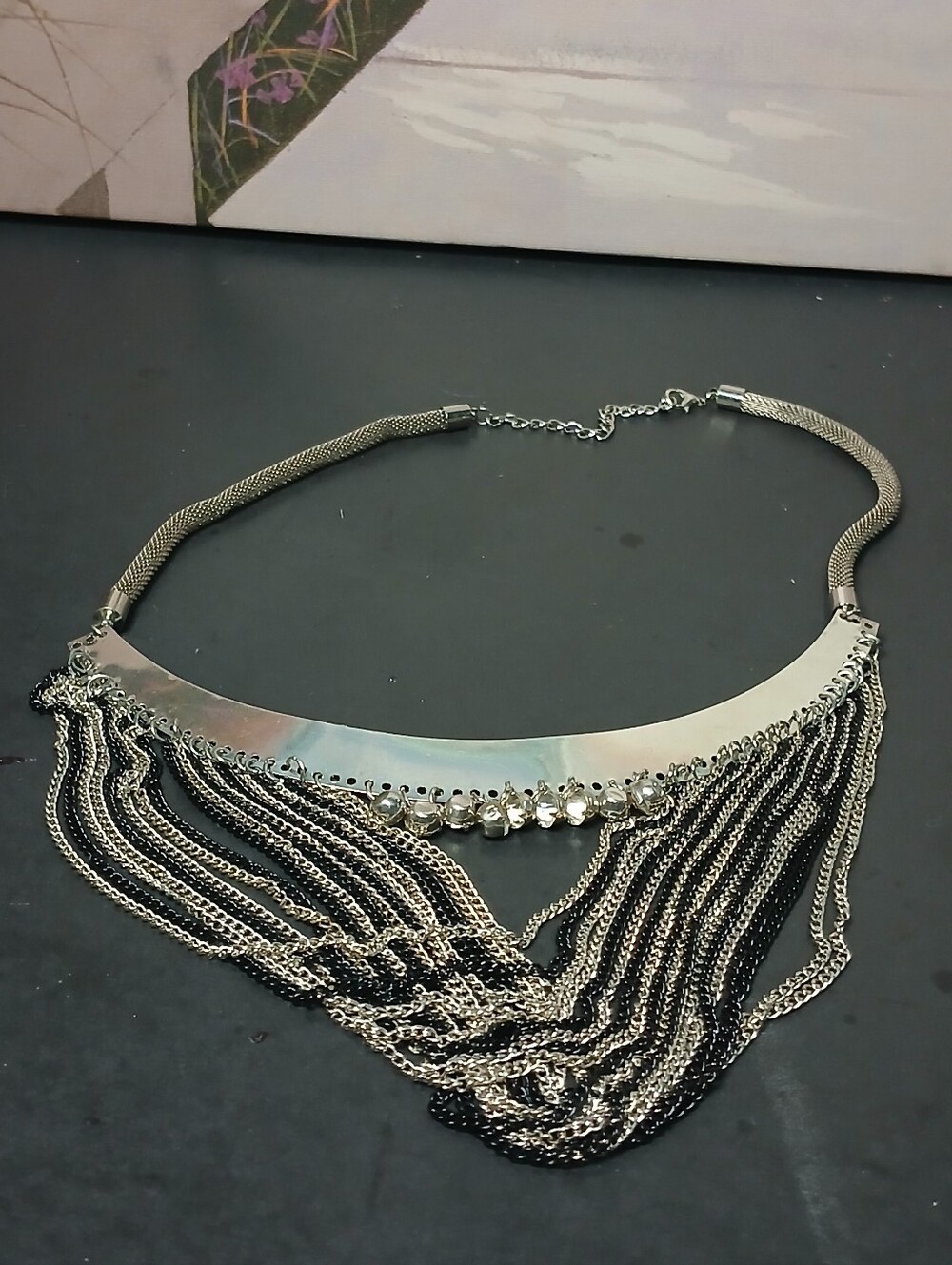 Silver Fringe Statement Necklace Vintage